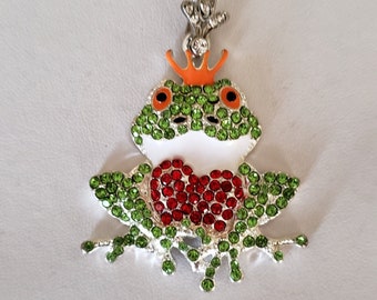 Frog Prince Necklace / Rhinestone Frog Prince Pendant with Ribbon Necklace / Heart Pendant Necklace / Frog Pendant / Frog Lover Gift