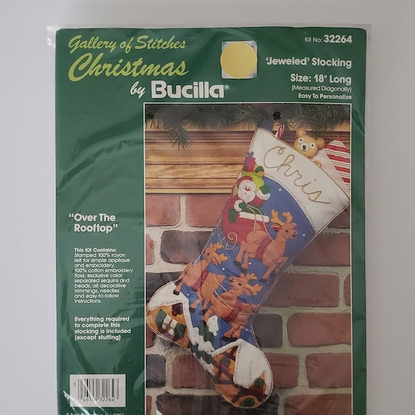 Bucilla Jeweled Stocking Kit / "Over the Rooftop" Stocking kit / Vintage Christmas Stocking Kit / Christmas Stocking with Santa and Reindeer
