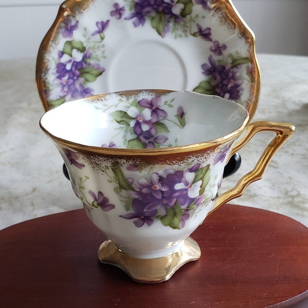 Royal Sealy Footed Teacup and Saucer with Violets and Gilding / Violet Cup and Saucer / Vintage Royal Sealy China Teacup