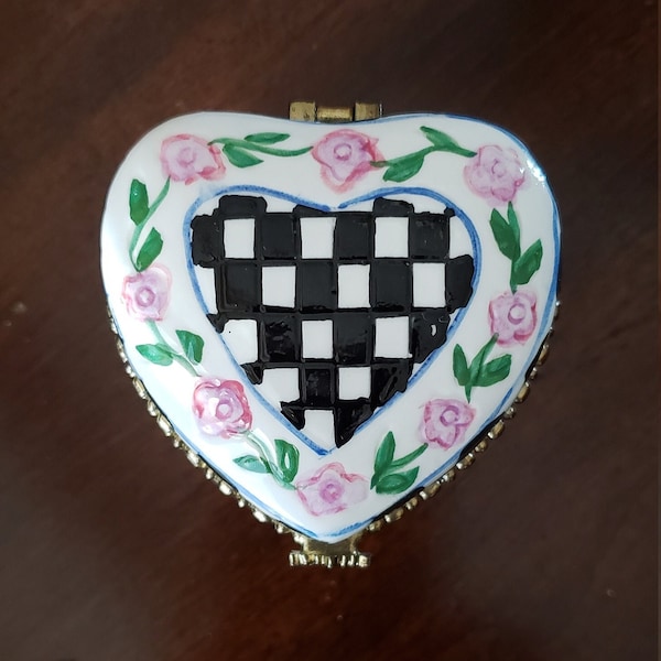 Hand painted Heart Box with Pink Flowers, Black and White Check / Heart Trinket Box / Porcelain Heart Vanity Box / Brass Hinged Closure