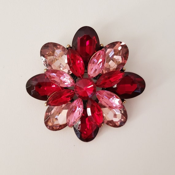 Ruby Red Jeweled Brooch / Red and Pink Jewel Brooch /… Gem