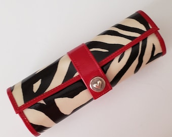 Brighton Jewelry Roll / Zebra Stripe Jewelry Case with Red Trim / Brighton Jewelry Travel Case/ Zippered Jewelry Roll/ Designer Jewelry Roll