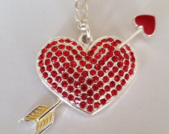 Rhinestone Heart Pendant Necklace / Cupid's Arrow Pendant with Chain / Heart Pendant Necklace / Red Heart Pendant / Valentine's Day Gift