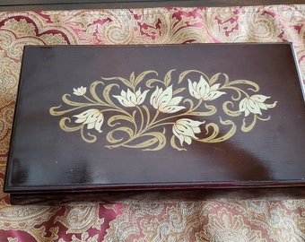 Wood Jewelry Box with Floral Design / Rectangular Wooden Jewelry Box / Italian Style Jewelry Box / Vintage Rosalco Commodore Collection