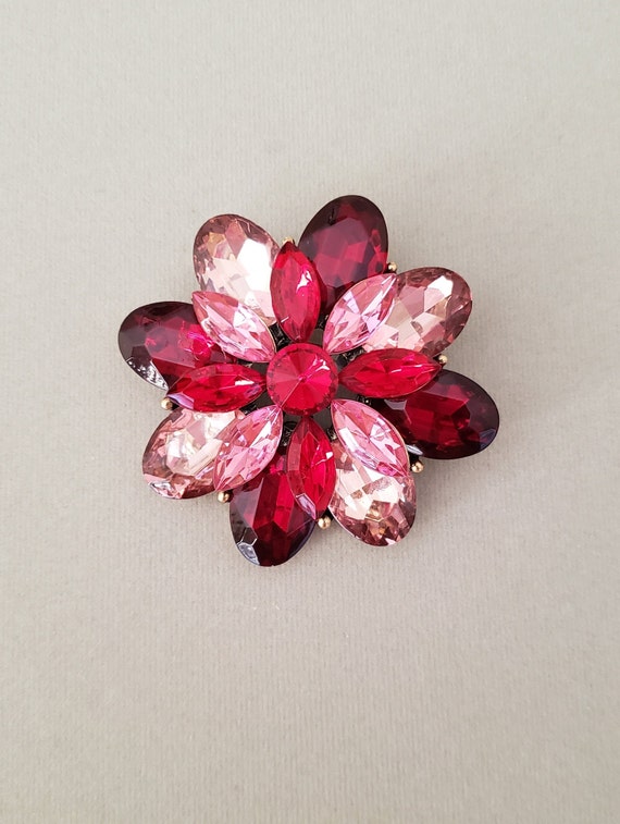 Ruby Red Jeweled Brooch / Red and Pink Jewel Brooch /… Gem
