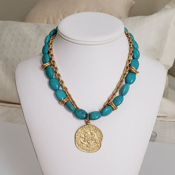 Lion Medallion Necklace, "Turquoise" Beads, Gold … - image 9