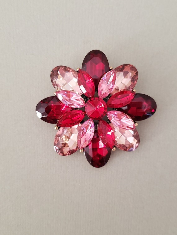 Ruby Red Jeweled Brooch / Red and Pink Jewel Brooch /… Gem