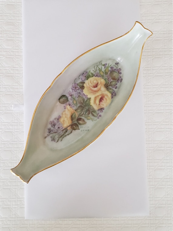 Vintage Hand Painted Porcelain, Yellow Roses, Pur… - image 1