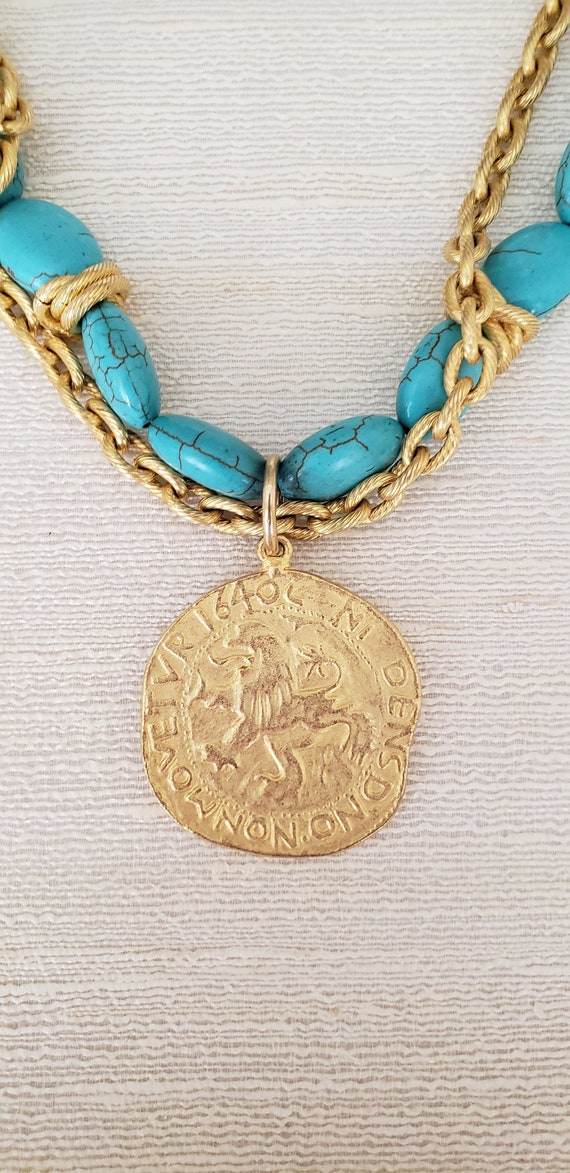 Lion Medallion Necklace, "Turquoise" Beads, Gold … - image 1