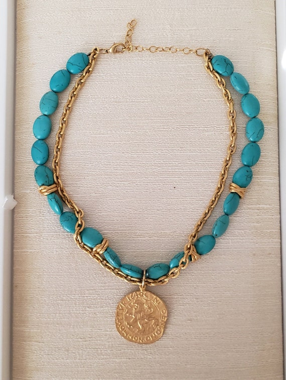 Lion Medallion Necklace, "Turquoise" Beads, Gold … - image 3