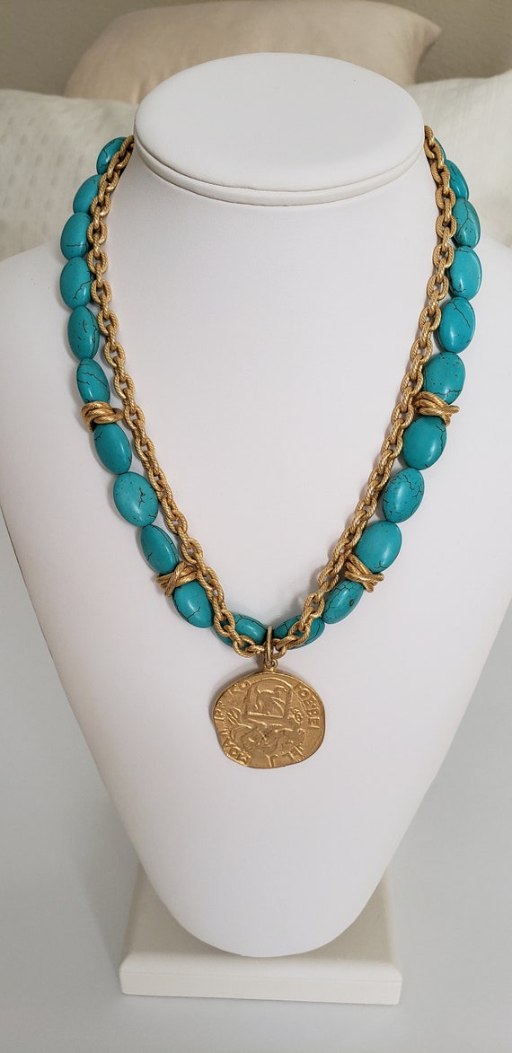 Lion Medallion Necklace, "Turquoise" Beads, Gold … - image 6