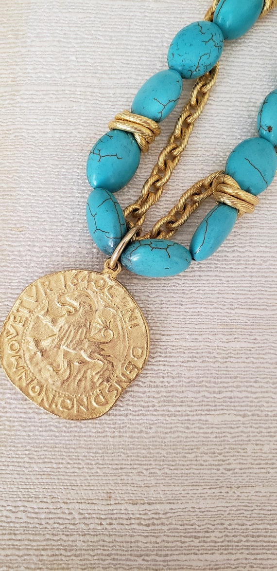 Lion Medallion Necklace, "Turquoise" Beads, Gold … - image 4