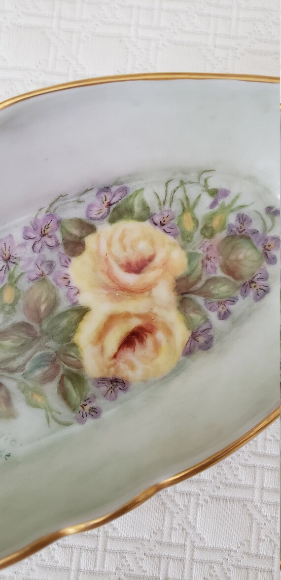 Vintage Hand Painted Porcelain, Yellow Roses, Pur… - image 8