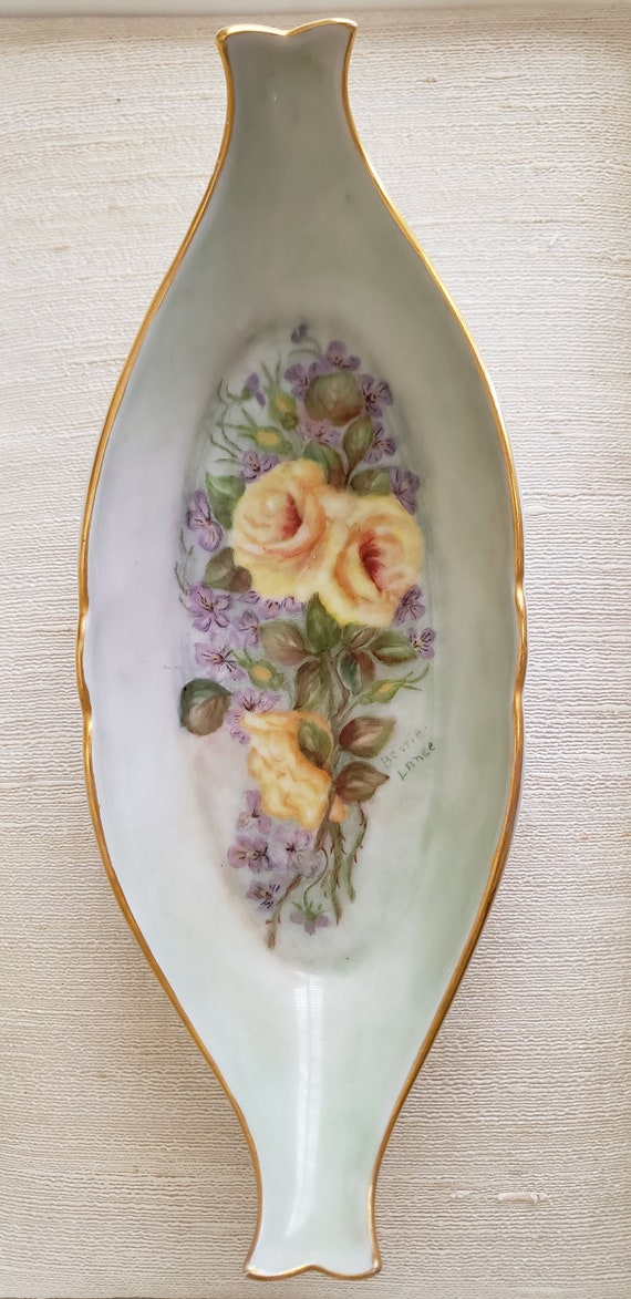 Vintage Hand Painted Porcelain, Yellow Roses, Pur… - image 5