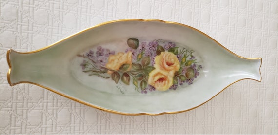 Vintage Hand Painted Porcelain, Yellow Roses, Pur… - image 3