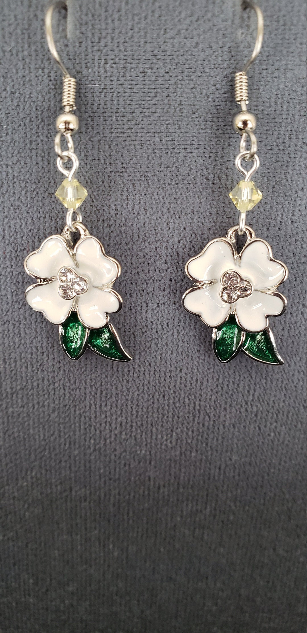 Enamel Flower Earrings With Crystal / Magnolia Earrings / Dogwood ...