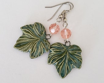 Maple Leaf Earrings with Crystal / Handmade Ceramic Leaf Earrings / Green Leaf Earrings