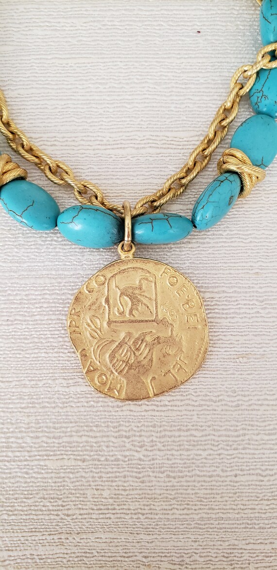 Lion Medallion Necklace, "Turquoise" Beads, Gold … - image 5