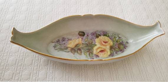 Vintage Hand Painted Porcelain, Yellow Roses, Pur… - image 2