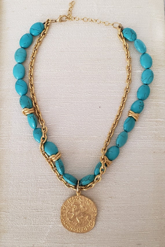 Lion Medallion Necklace, "Turquoise" Beads, Gold … - image 8