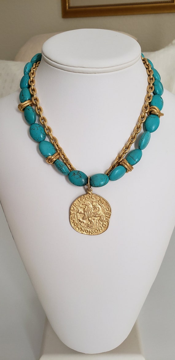 Lion Medallion Necklace, "Turquoise" Beads, Gold … - image 7