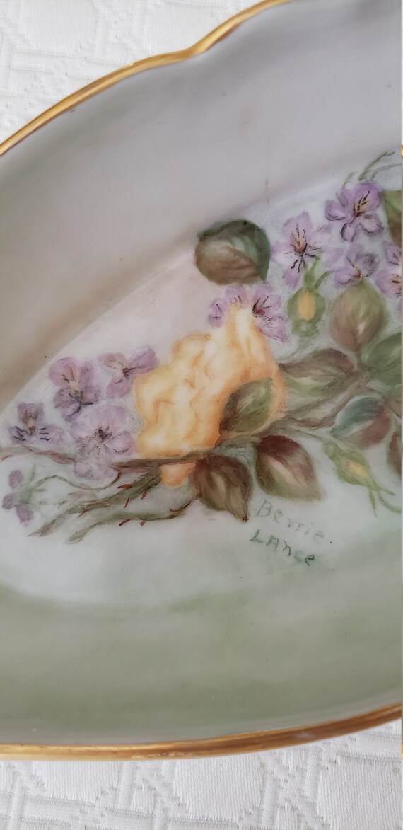 Vintage Hand Painted Porcelain, Yellow Roses, Pur… - image 7