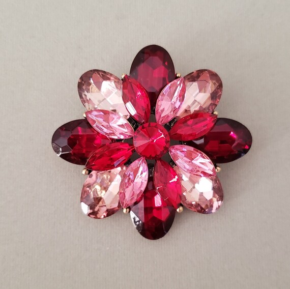 Ruby Red Jeweled Brooch / Red and Pink Jewel Brooch /… Gem