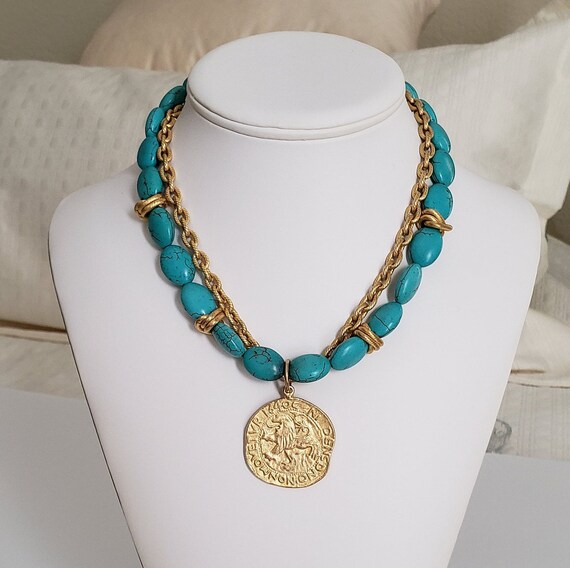 Lion Medallion Necklace, "Turquoise" Beads, Gold … - image 2