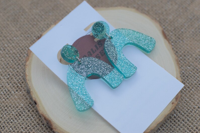 Rainbow Shape Teal Glittery Handmade Resin Earrings