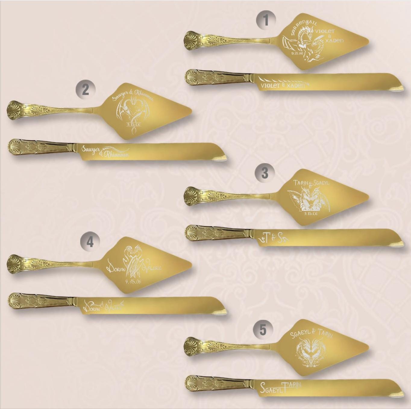 Custom Dragon Engraved Vintage Gold Cake Serving Set | Personalized Elegance for Your Special Occasion