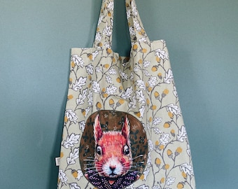 Bolsa de tela con ilustración de ardilla y estampado floral - Aplique de algodón