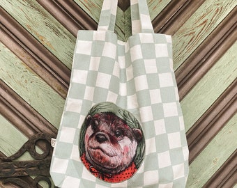Bolsa de mano con aplique de nutria hecha a mano / Bolsa de compras de algodón a cuadros