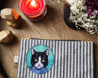 Handmade makeup bag with black cat picture | pencils case | cotton |