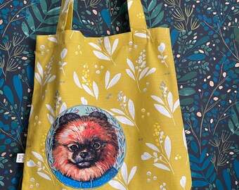 Bolsa de mano con retrato de perro pomerania floral / Bolso de compras con retrato de aplique de algodón