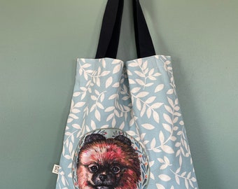 Bolso tote con estampado floral de perro pomerania / Bolso shopper con retrato aplicado