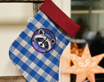 Medias navideñas de mapache / Decoración navideña de algodón a cuadros azules