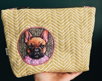 Estuche con cremallera de bulldog francés / Estuche para lápices con diseño de perro / Neceser de maquillaje para amantes de los perros / Neceser pequeño de algodón / Regalo para ella o adolescente