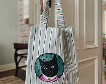 Bolsa de tela con retrato de gato negro / Bolsa reutilizable de algodón a rayas