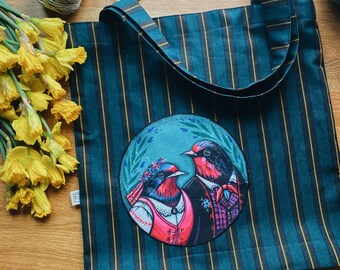 Bolsa de tela con aplique de pájaro / Bolsa reutilizable de algodón a rayas