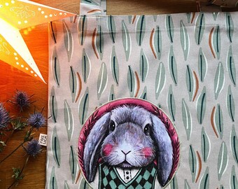 Bolsa de algodón hecha a mano / Arte con apliques de conejo
