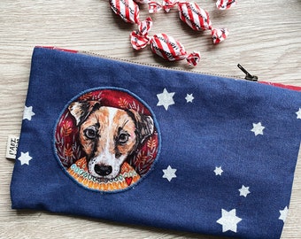 Bolsa de maquillaje estrellada con foto de perro Jack Russell / estuche de lápices / algodón /