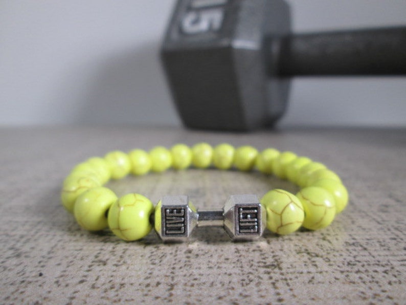 Dumbbell Barbell bracelet, Bodybuilder Gift, Bodybuilding jewelry, Fitness Bracelet, Motivation, Workout, Gym, Crossfit bracelet Fit Strong Yellow Howlite