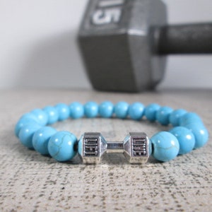 Dumbbell Barbell bracelet, Bodybuilder Gift, Bodybuilding jewelry, Fitness Bracelet, Motivation, Workout, Gym, Crossfit bracelet Fit Strong Blue Howlite