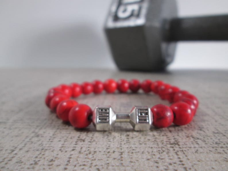 Dumbbell Barbell bracelet, Bodybuilder Gift, Bodybuilding jewelry, Fitness Bracelet, Motivation, Workout, Gym, Crossfit bracelet Fit Strong Red Howlite