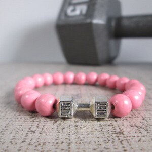 Dumbbell Barbell bracelet, Bodybuilder Gift, Bodybuilding jewelry, Fitness Bracelet, Motivation, Workout, Gym, Crossfit bracelet Fit Strong Pink Howlite