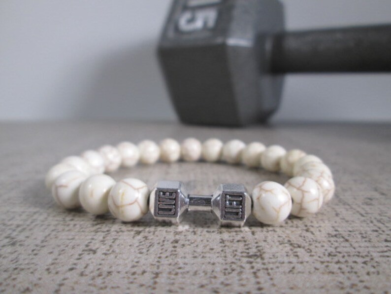 Dumbbell Barbell bracelet, Bodybuilder Gift, Bodybuilding jewelry, Fitness Bracelet, Motivation, Workout, Gym, Crossfit bracelet Fit Strong White Howlite