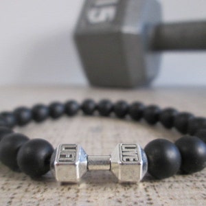 Dumbbell Barbell bracelet, Bodybuilder Gift, Bodybuilding jewelry, Fitness Bracelet, Motivation, Workout, Gym, Crossfit bracelet Fit Strong Black Matte Onyx