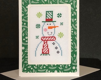 Snowman with Hat - Hand stitched counted cross stitch finished Christmas card