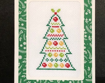 Christmas Tree with Ornaments - Hand stitched finished counted cross stitch Christmas card