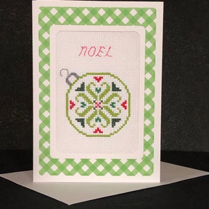 Noel Ornament - Hand stitched finished counted cross stitch Christmas card